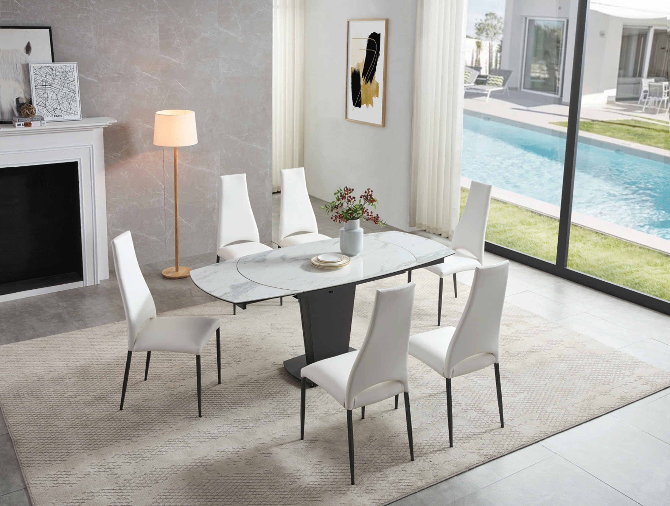 Clearance Dining Room 2417 Marble Table White with 3405 White Chairs